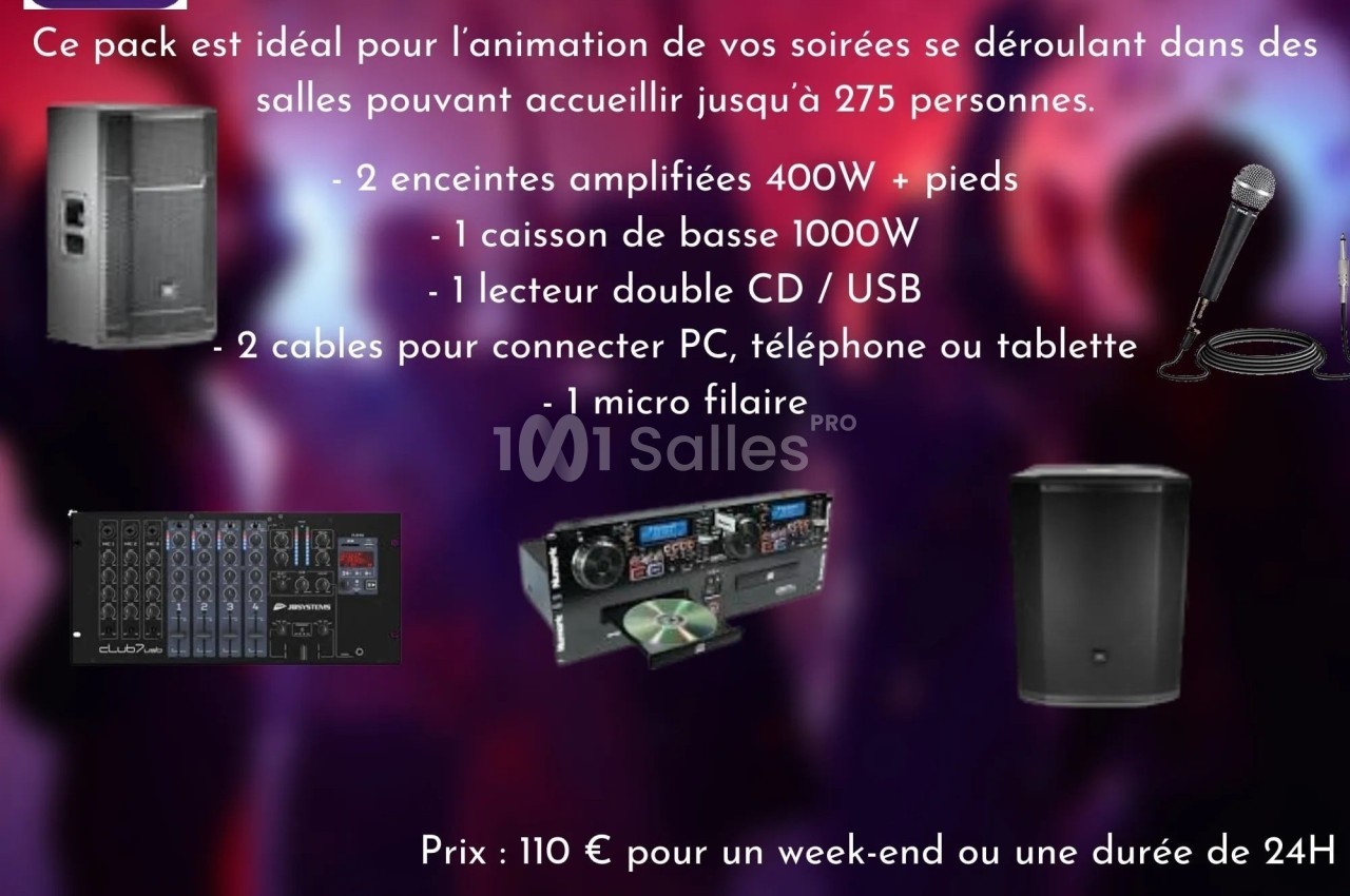 Image d'un pack de sonorisation comprenant enceintes, caisson de basse, lecteur CD/USB, câbles, micro et table de mixage.