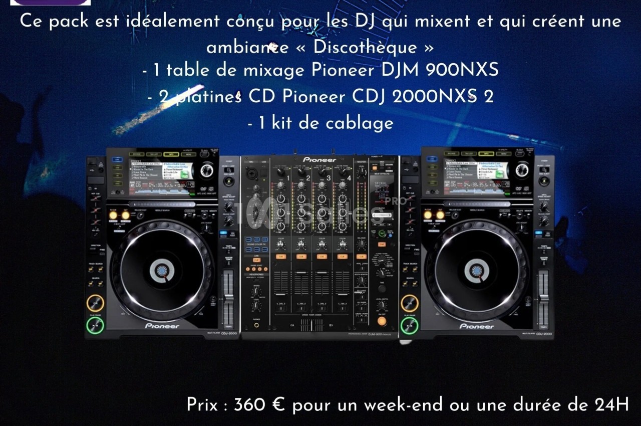 Pack DJ comprenant une table de mixage Pioneer DJM 900NXS, deux platines CDJ 2000NXS2 et un kit de câblage.
