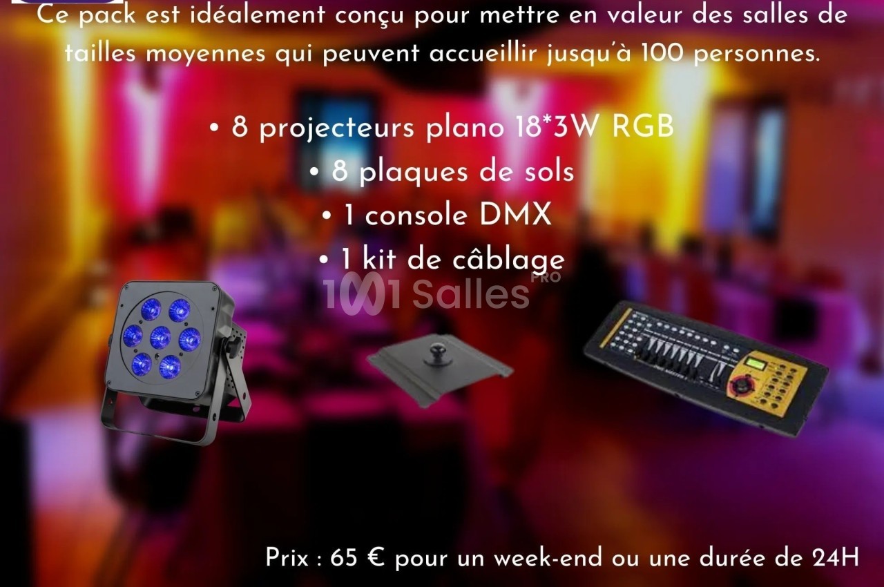 Pack de matériel d'éclairage comprenant projecteurs, plaques de sol, console DMX et kit de câblage.
