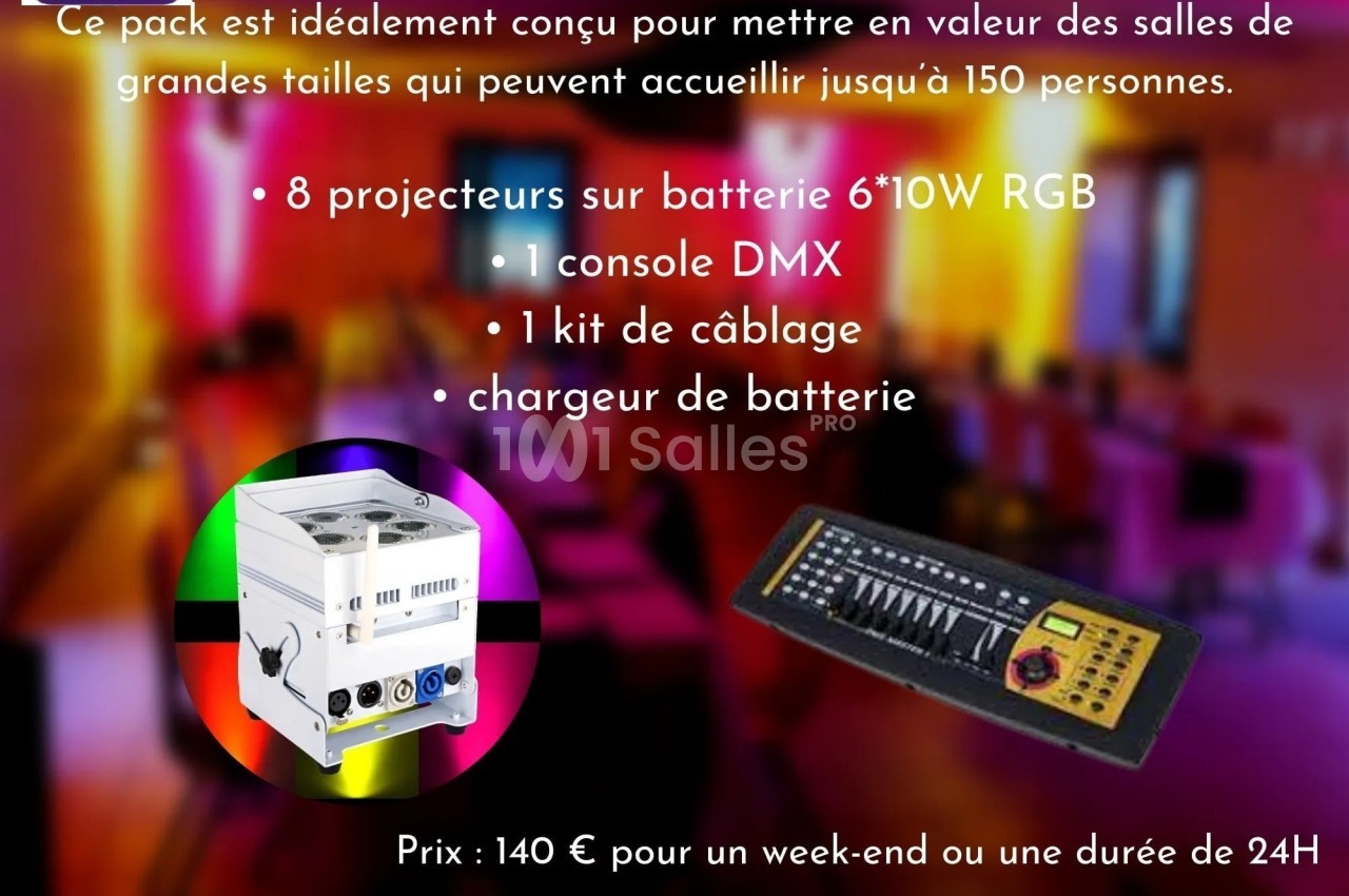 Visuel présentant un pack d'éclairage avec projecteurs, console DMX, câblage et chargeur, pour salles jusqu'à 150 personnes.