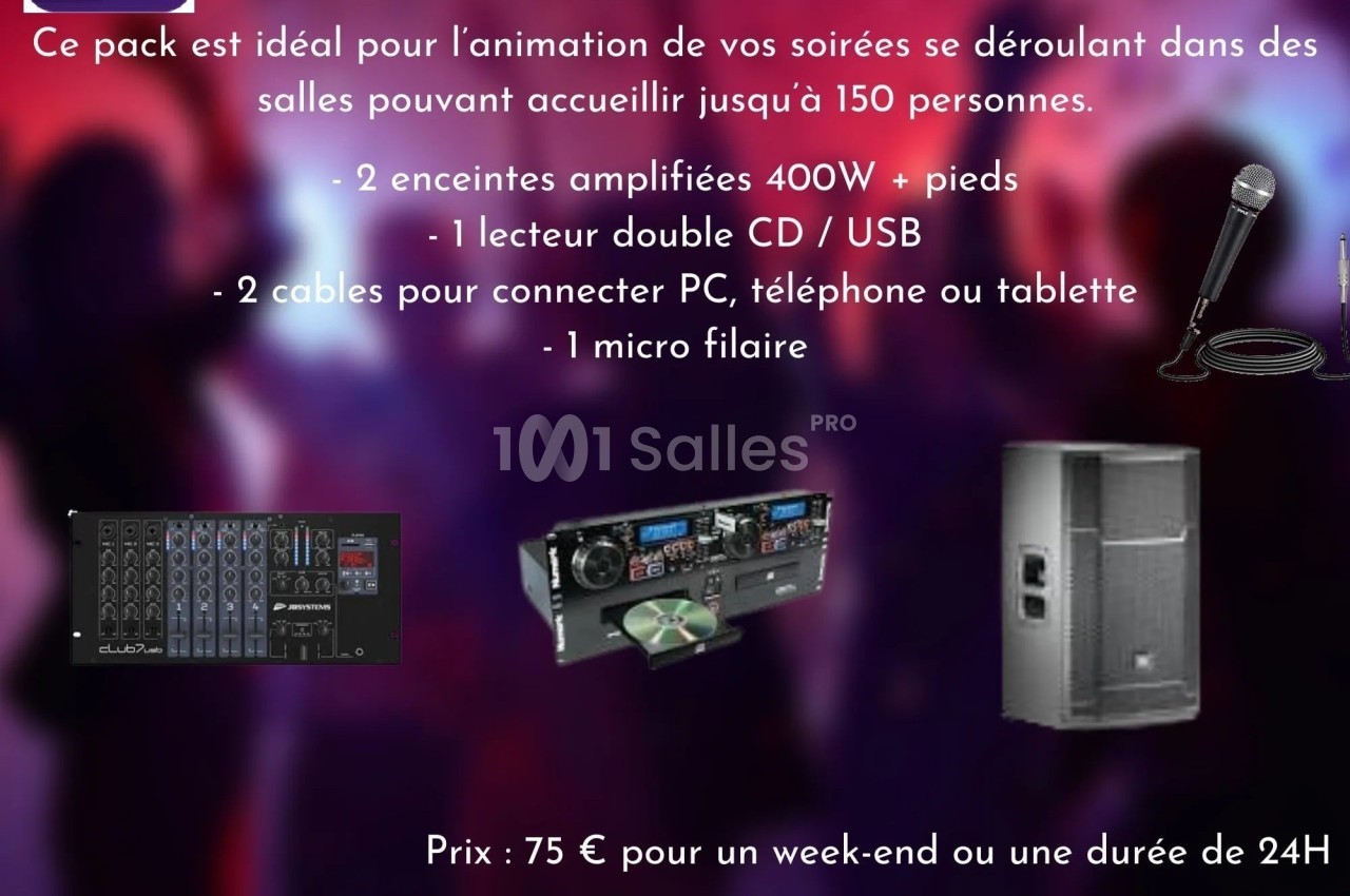 Image d'un pack de location pour soirées incluant enceintes, micro, câbles, lecteur CD/USB et table de mixage, avec détails…