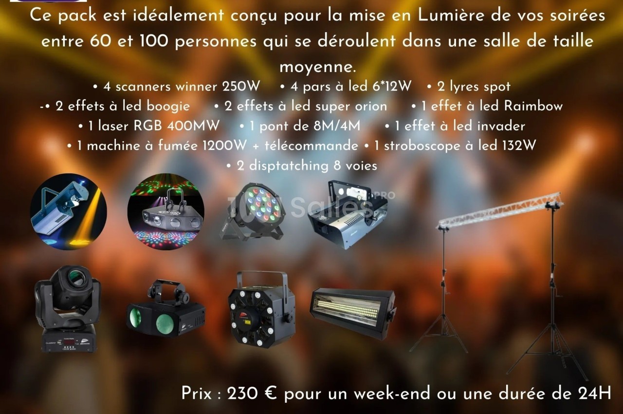 Pack d'éclairage pour soirées, comprenant scanners, effets lumineux, lasers, stroboscope et machine à fumée.