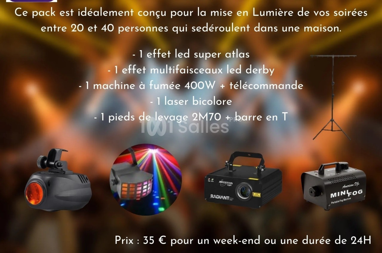 Pack d'éclairage avec projecteurs, machine à fumée, laser et pied de levage, idéal pour soirées en intérieur.