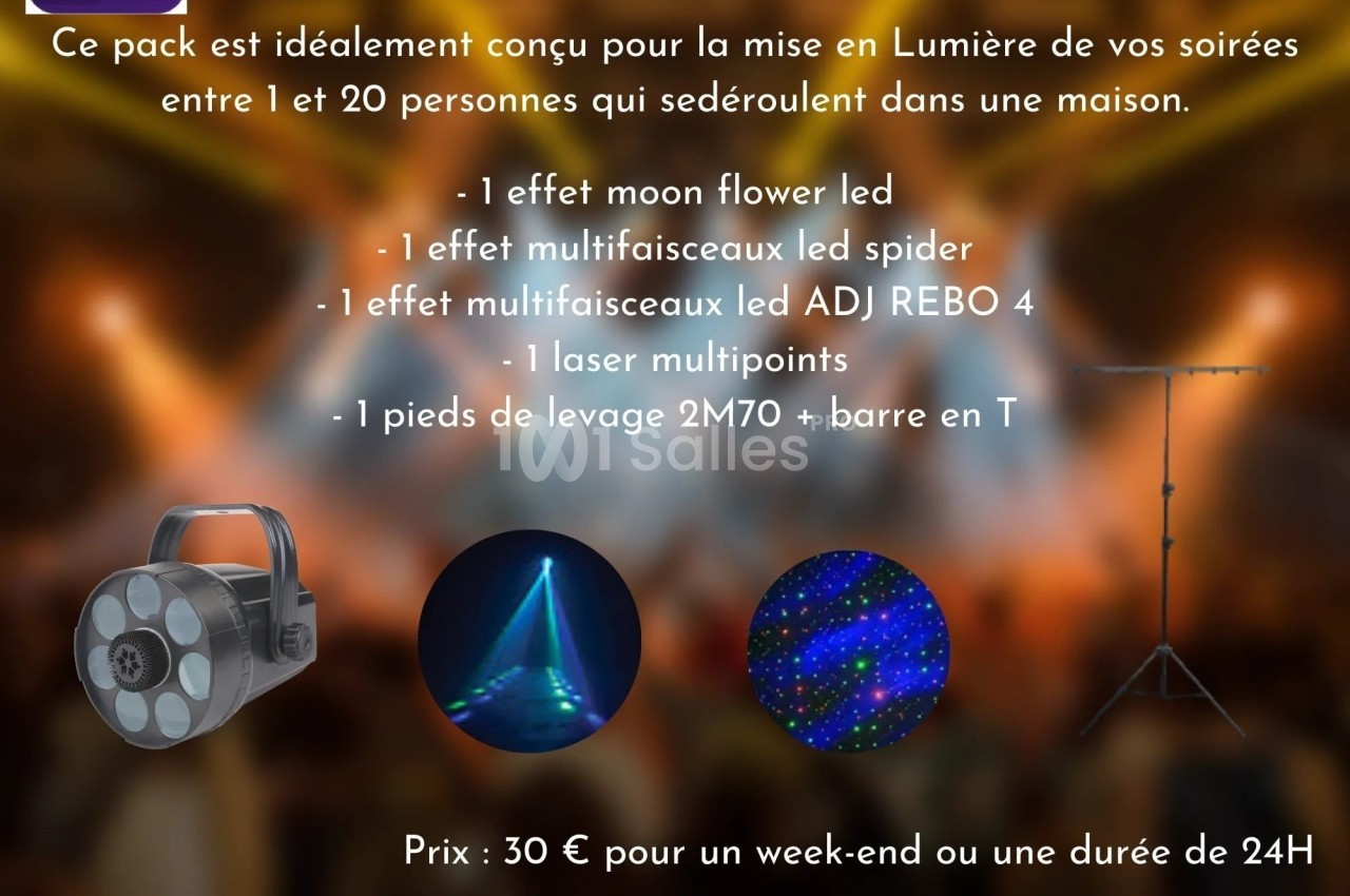 Pack d'éclairage pour soirées avec projecteurs LED, multipoints, pied de levage et barre en T, adapté pour 1 à 20 personnes.