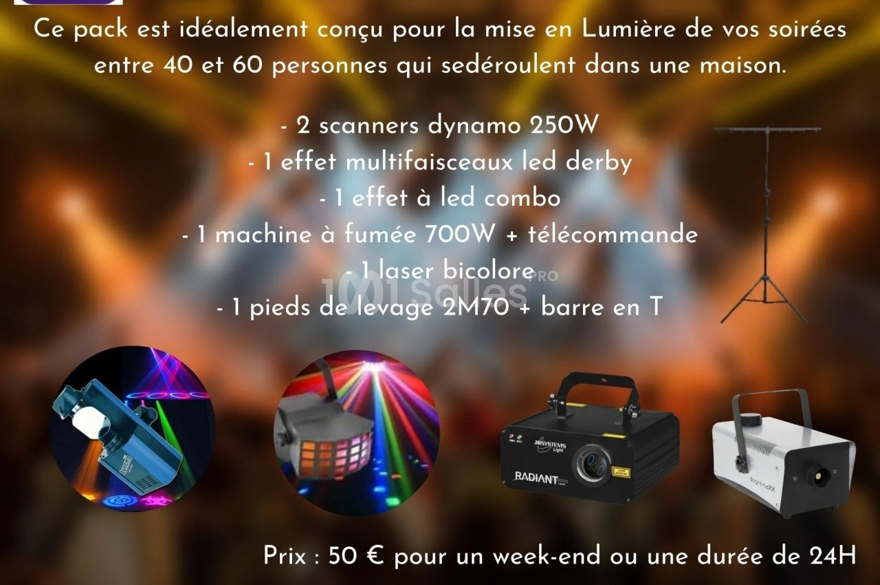 Pack d'éclairage comprenant scanners, machine à fumée, projecteurs LED et pied de levage pour soirées en intérieur.