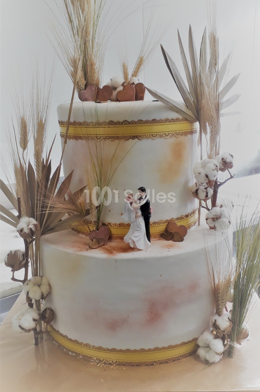 Gâteau de mariage à deux étages décoré de fleurs de coton, épis de blé et figurines de mariés.