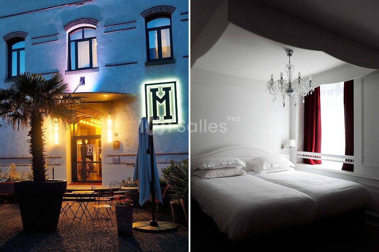 Façade d'un hôtel éclairée la nuit avec terrasse, et chambre lumineuse avec lit double et lustre.
