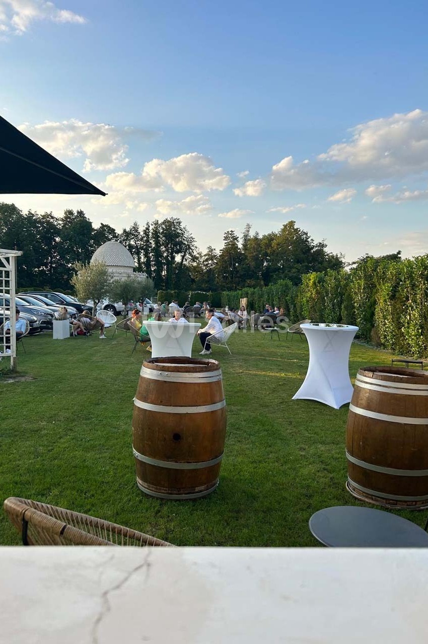 Espace extérieur avec tables hautes, tonneaux en bois et invités assis sur une pelouse, sous un ciel dégagé.