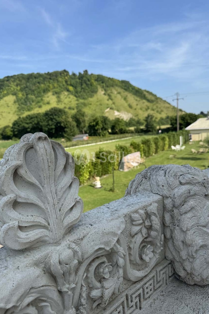 Détail d'une balustrade sculptée en pierre avec un paysage de colline verdoyante en arrière-plan.
