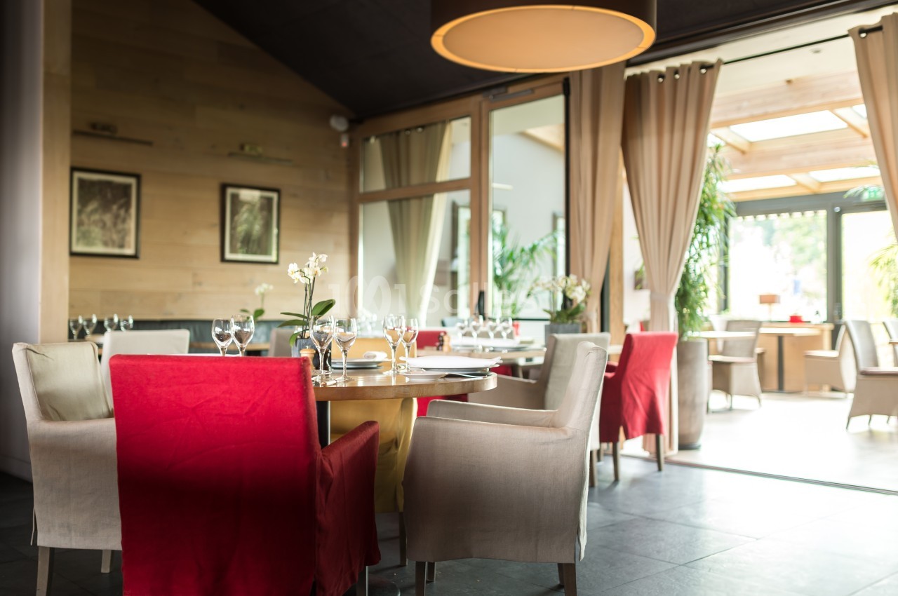 Salle de restaurant lumineuse avec tables dressées, chaises colorées et grandes baies vitrées donnant sur l'extérieur.
