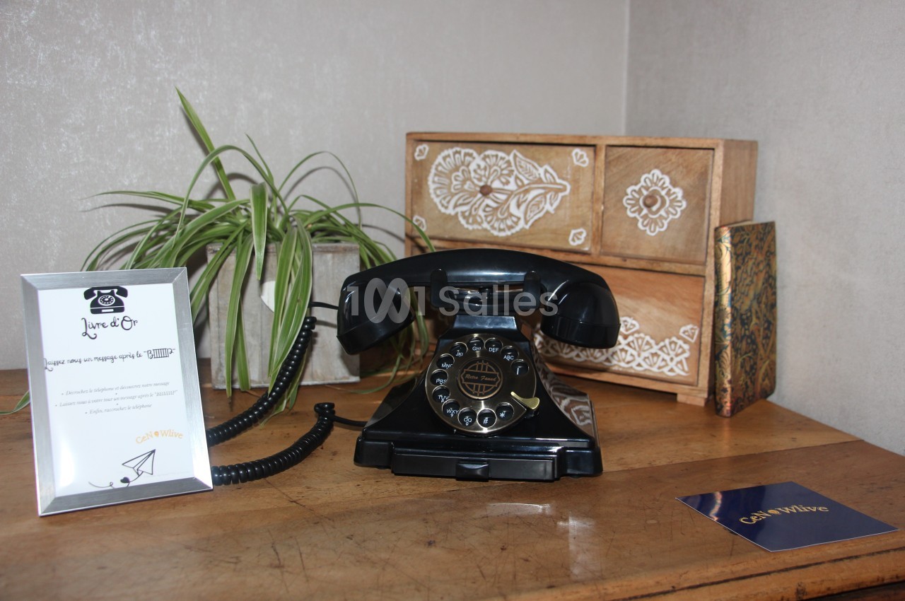 Téléphone vintage noir posé sur un bureau en bois, accompagné d'une plante, d'un cadre et de boîtes décoratives.