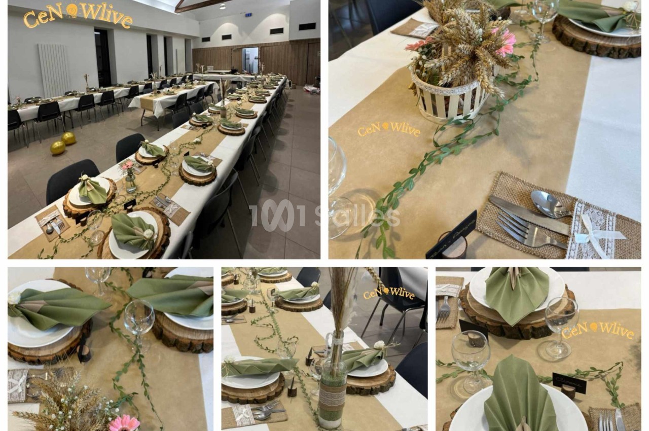 Tables décorées pour un événement, avec nappes beige, serviettes pliées, centres de table en fleurs séchées et éléments…