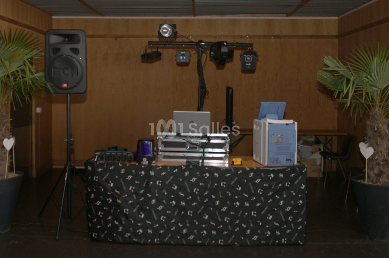 Table de DJ équipée de matériel audio et éclairage, entourée de deux plantes en pot dans une salle au mur en bois.