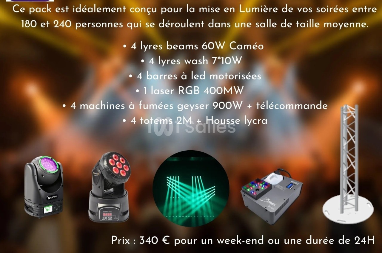 Image présentant un pack d'équipements d'éclairage et de fumée pour événements, avec détails techniques et prix affichés.