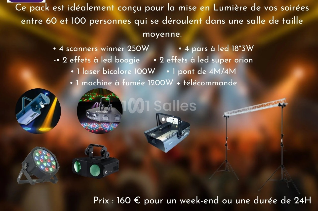 Pack d'éclairage comprenant scanners, projecteurs, laser, machine à fumée et pont lumineux pour événements en salle.