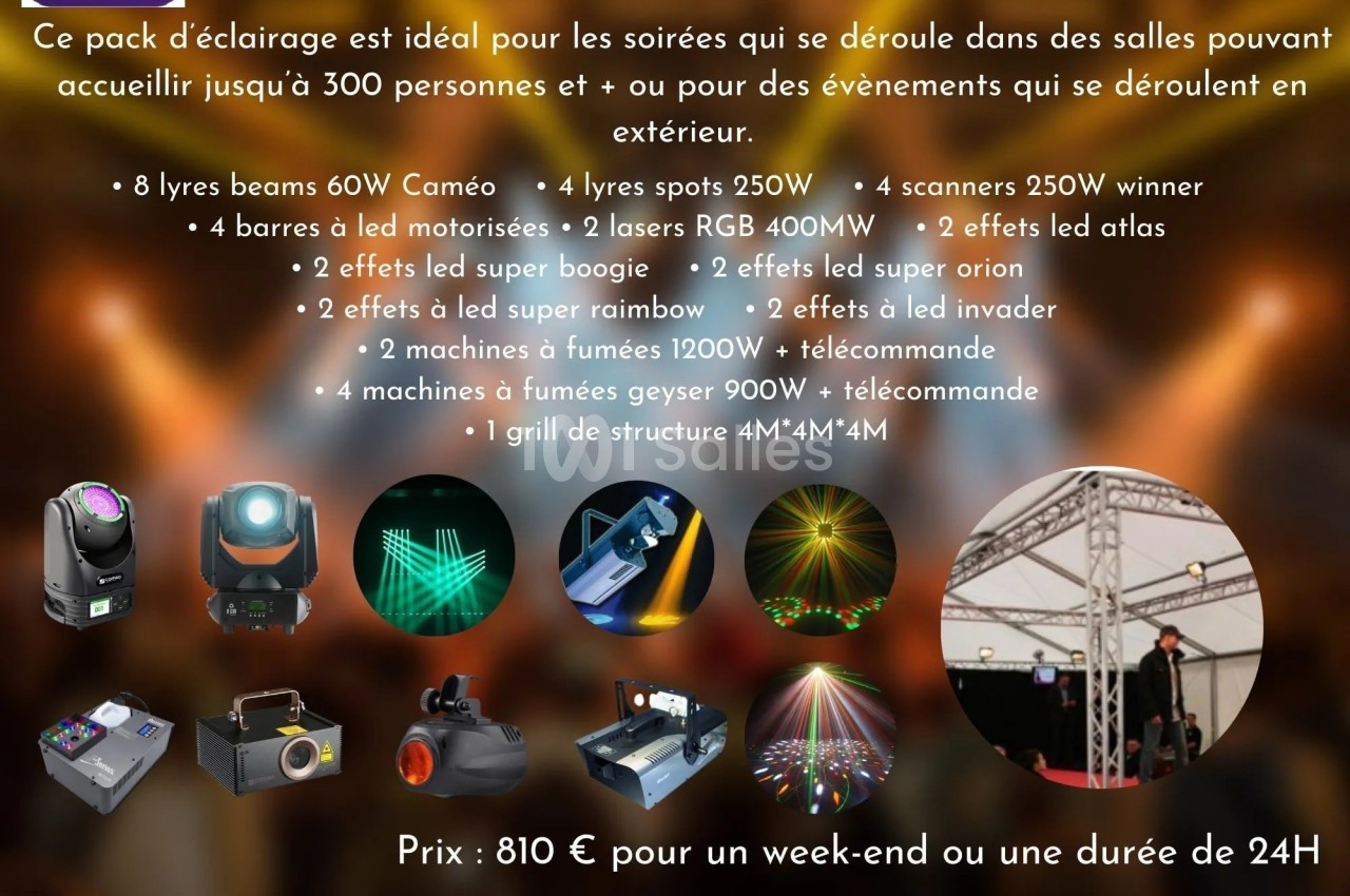 Image montrant un pack d'éclairage comprenant divers projecteurs, machines à fumée et équipements pour événements.