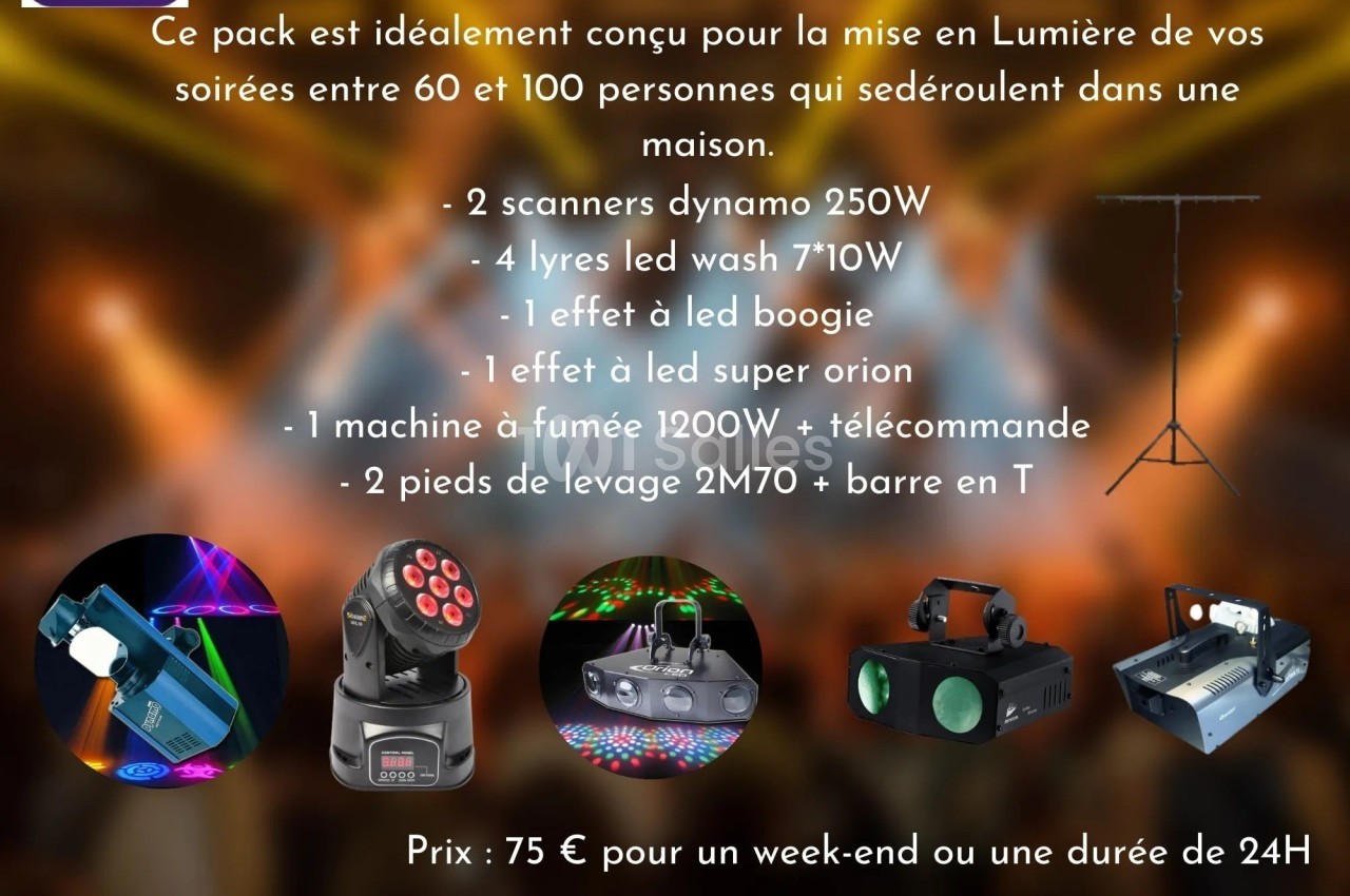 Pack d'éclairage pour soirées avec scanners, projecteurs LED, machine à fumée et pieds de levage.