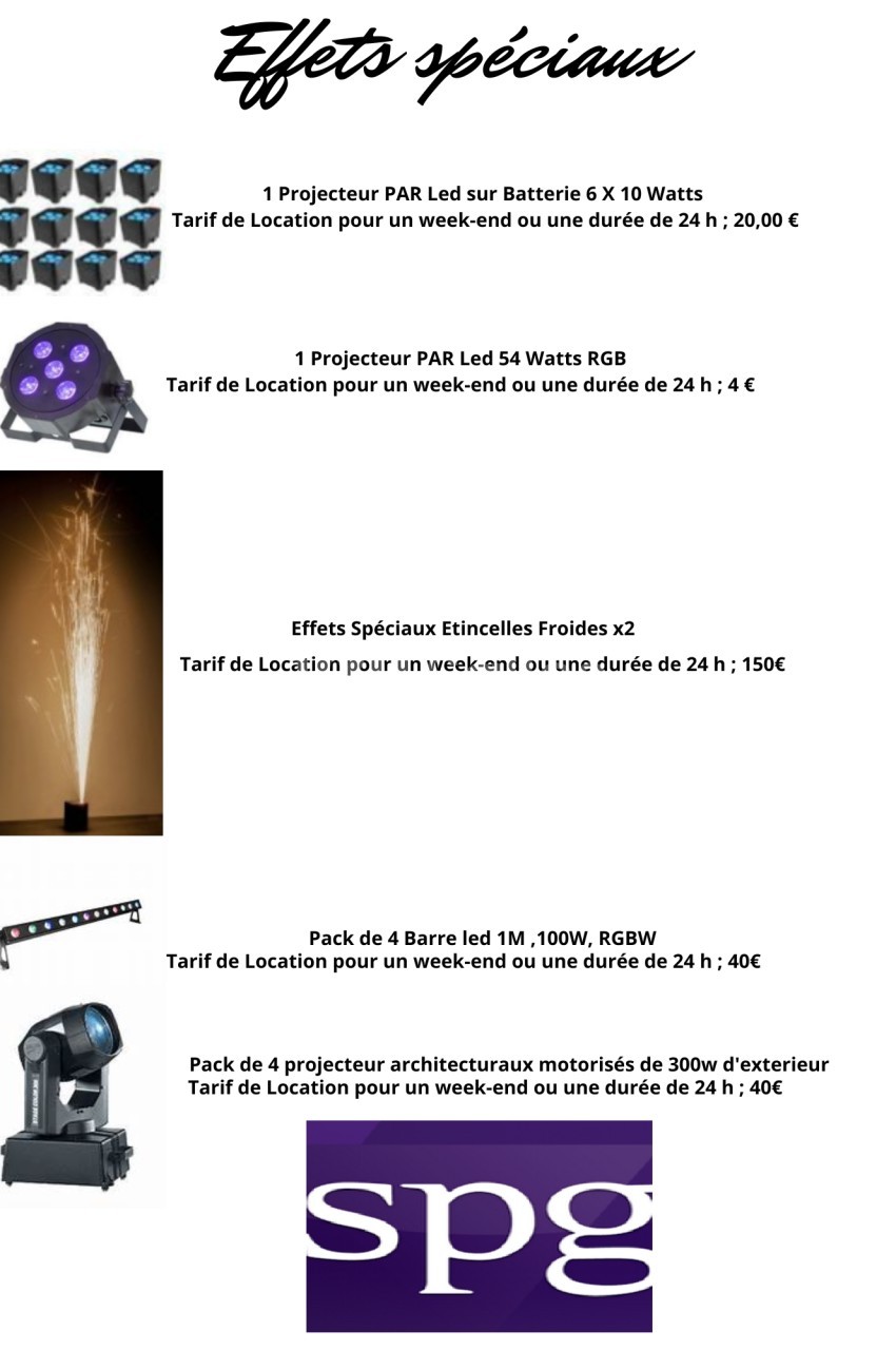 Image présentant différents équipements d'effets spéciaux avec descriptions, tarifs et durées de location.