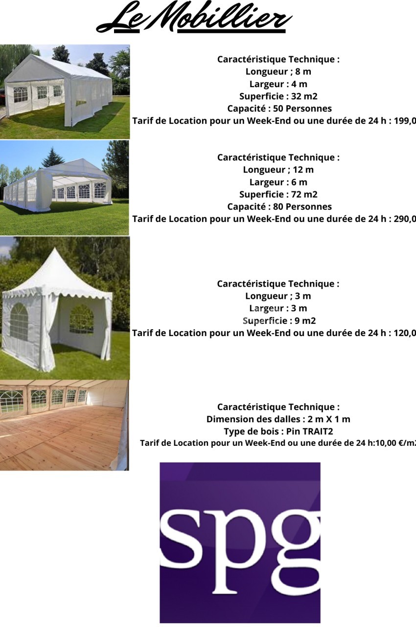 Image montrant des tentes blanches de différentes tailles et un logo violet avec les lettres ’spg’.
