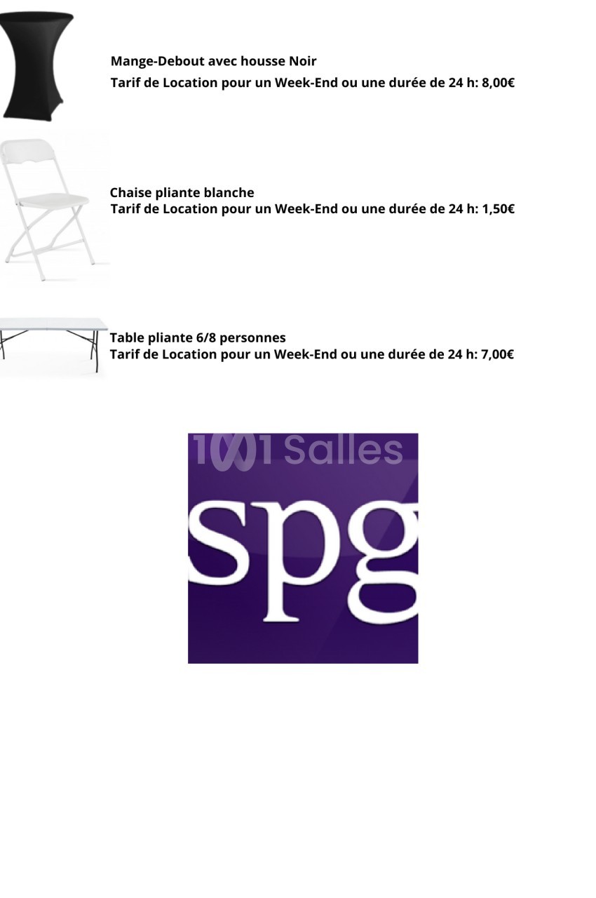 1. Mange-debout noir avec housse, tarif de location indiqué pour 24 heures. 2. Chaise pliante blanche, tarif de location…