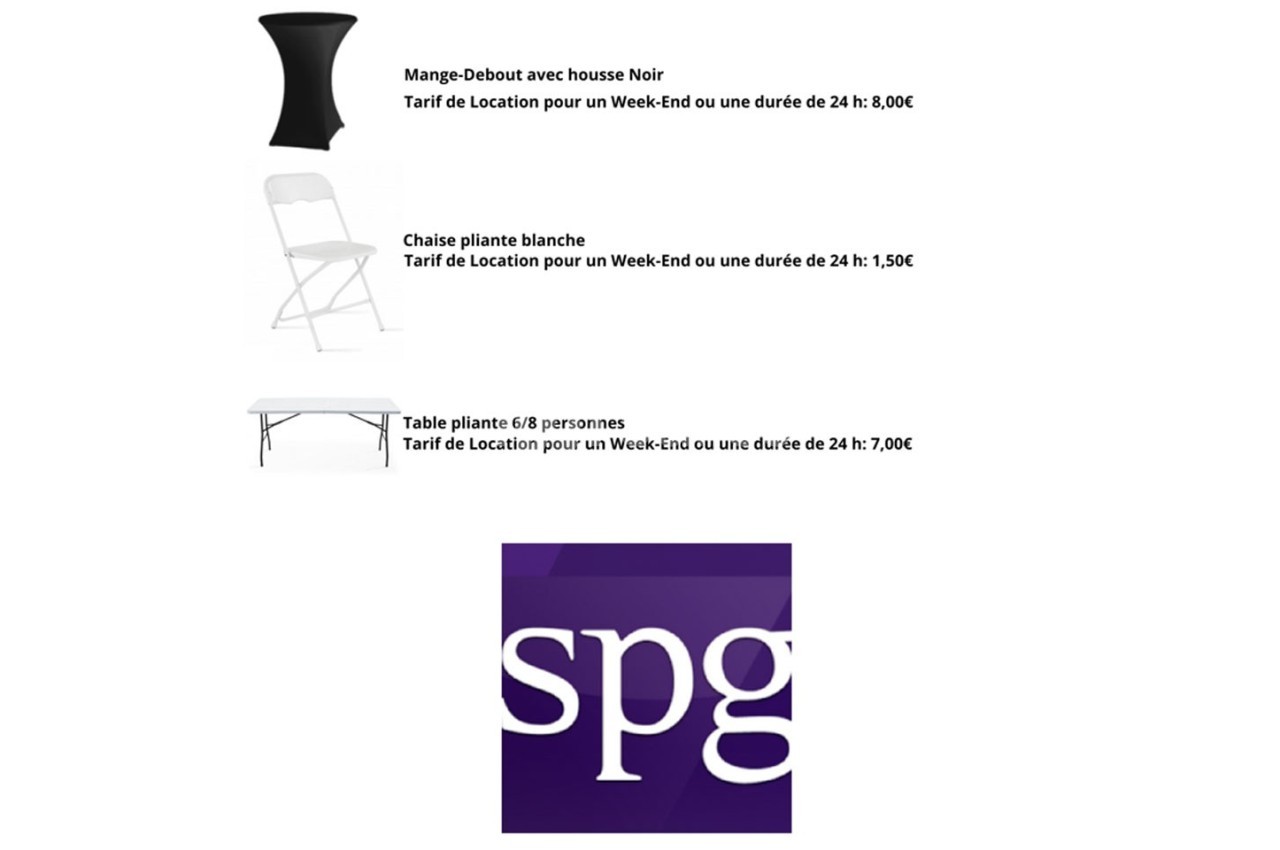 1. Mange-debout noir avec housse, proposé en location. 2. Chaise pliante blanche disponible à la location. 3. Table pliante…