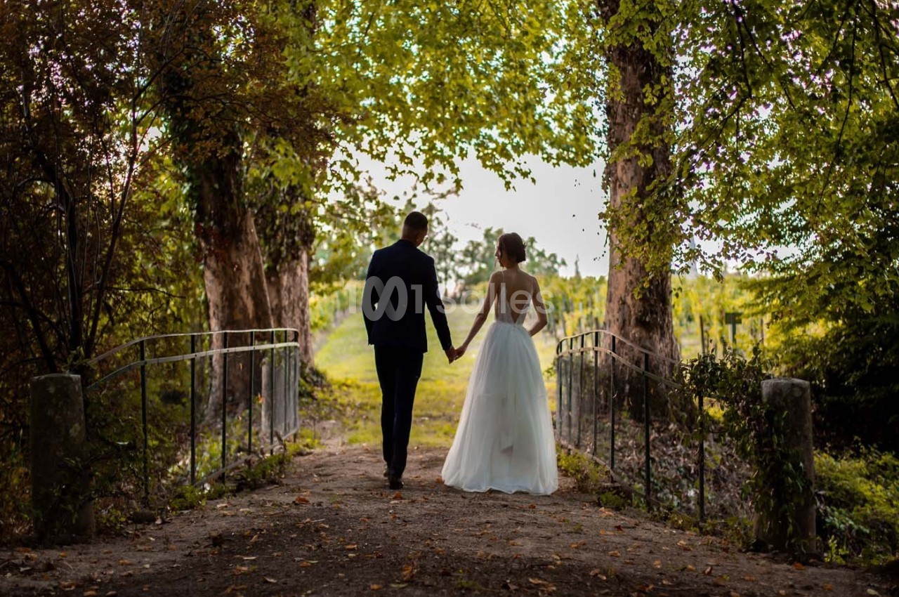 Un couple en tenue de mariage marche main dans la main sur un chemin bordé d'arbres verdoyants.