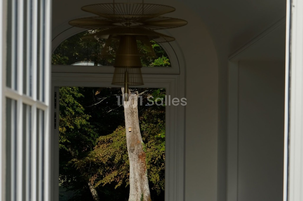 Vue d'un arbre à travers une fenêtre cintrée, encadrée par un intérieur lumineux avec un luminaire suspendu.