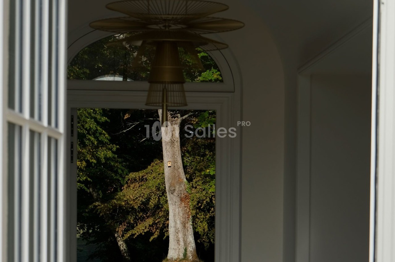 Vue d'un arbre à travers une porte vitrée, encadrée par un intérieur lumineux avec un luminaire suspendu.