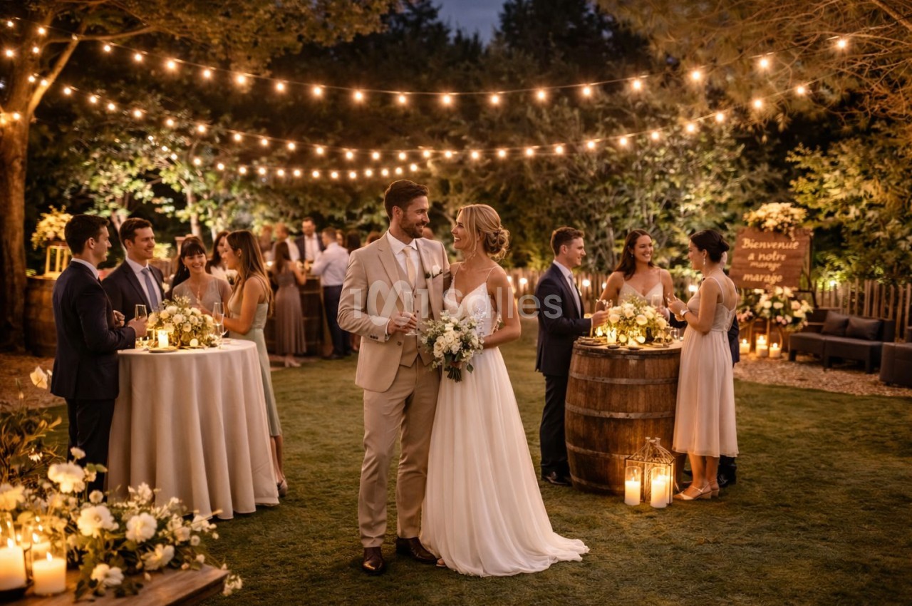 Un couple de mariés danse sous des guirlandes lumineuses dans un jardin, entouré d'invités et de décorations florales.