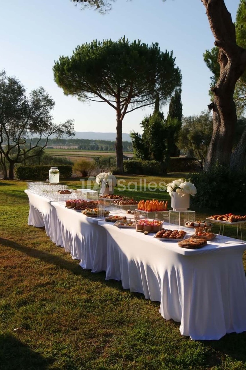 Table dressée en extérieur avec nappes blanches, garnie de viennoiseries, desserts et boissons, entourée de verdure.