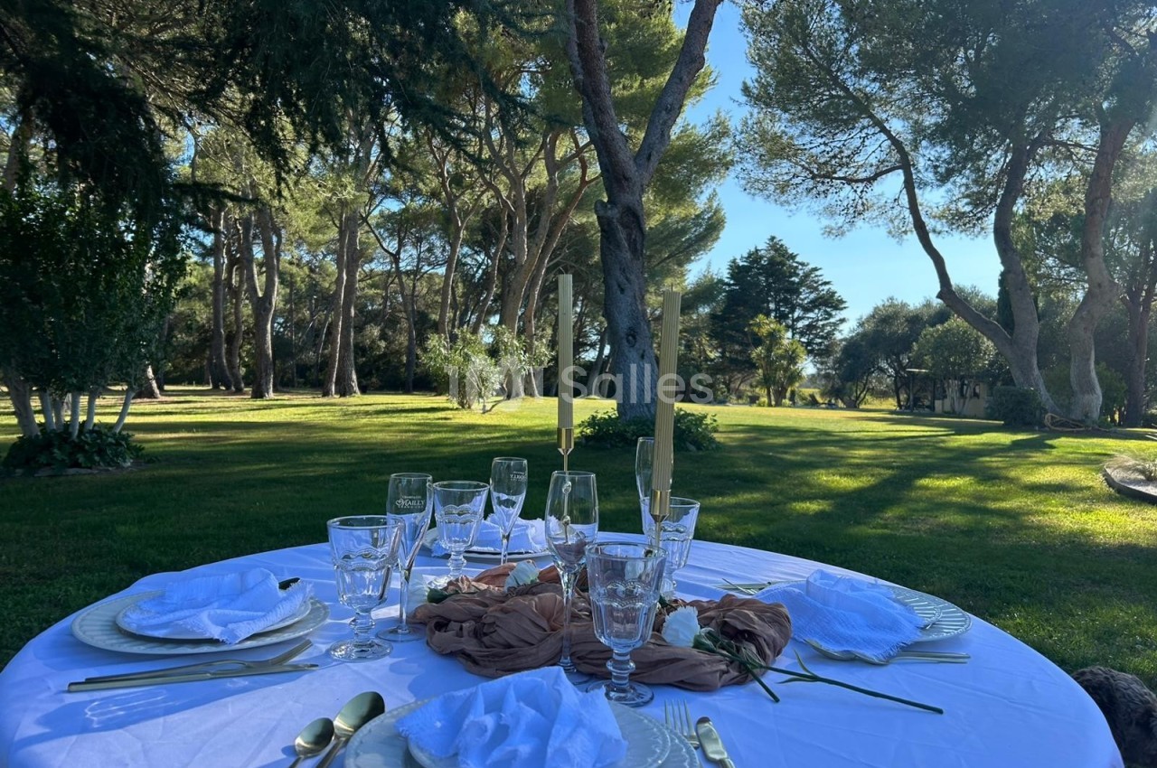 Table dressée en extérieur avec nappes blanches, couverts dorés et bougies, entourée d'un jardin arboré sous un ciel dégagé.