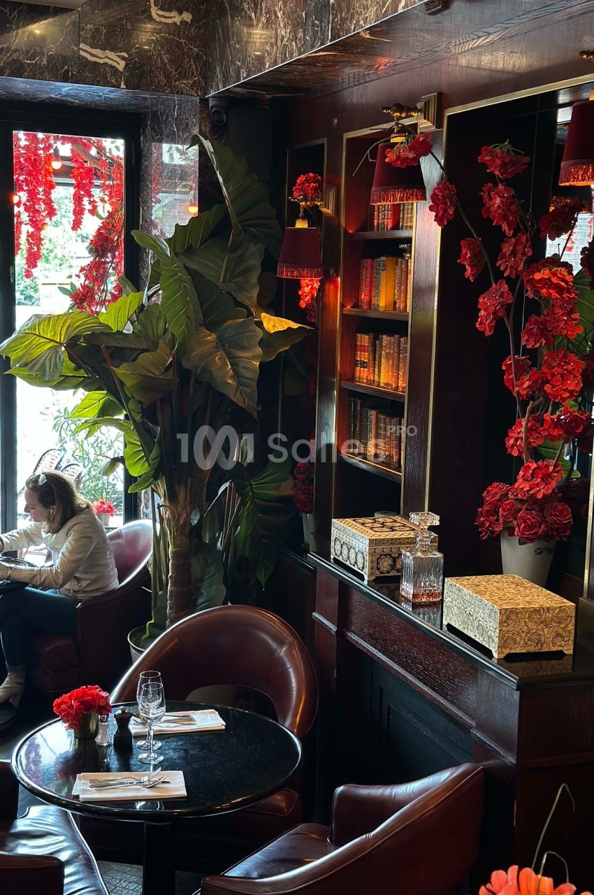 Intérieur d'un café élégant avec fauteuils en cuir, plantes, étagères décorées et lumière tamisée.