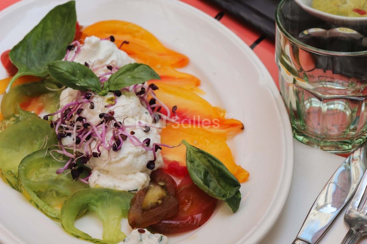 Assiette de salade colorée avec tomates variées, burrata, pousses germées et feuilles de basilic.