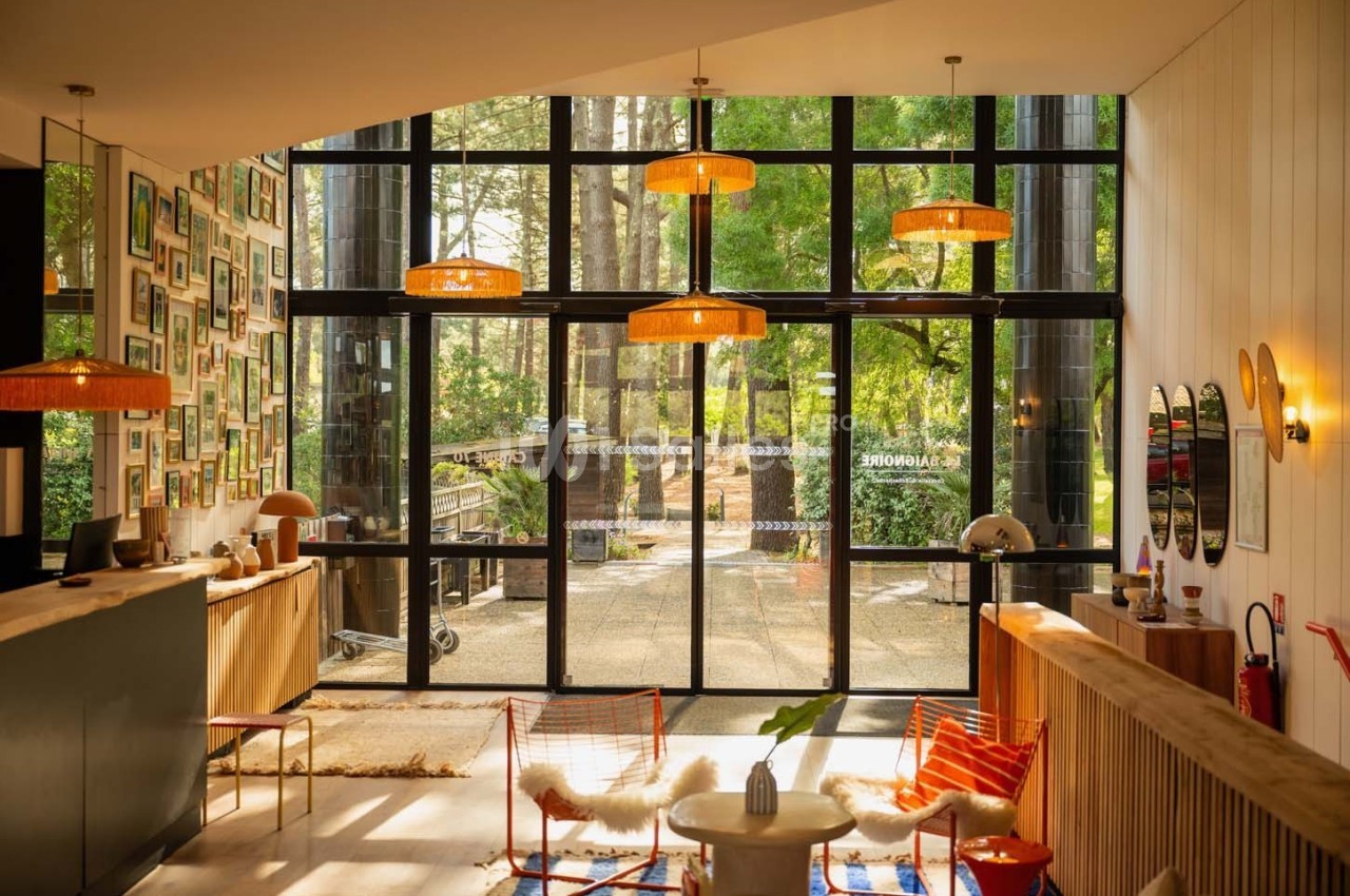 Hall lumineux avec de grandes baies vitrées, mobilier en bois et rotin, et vue sur un espace extérieur arboré.