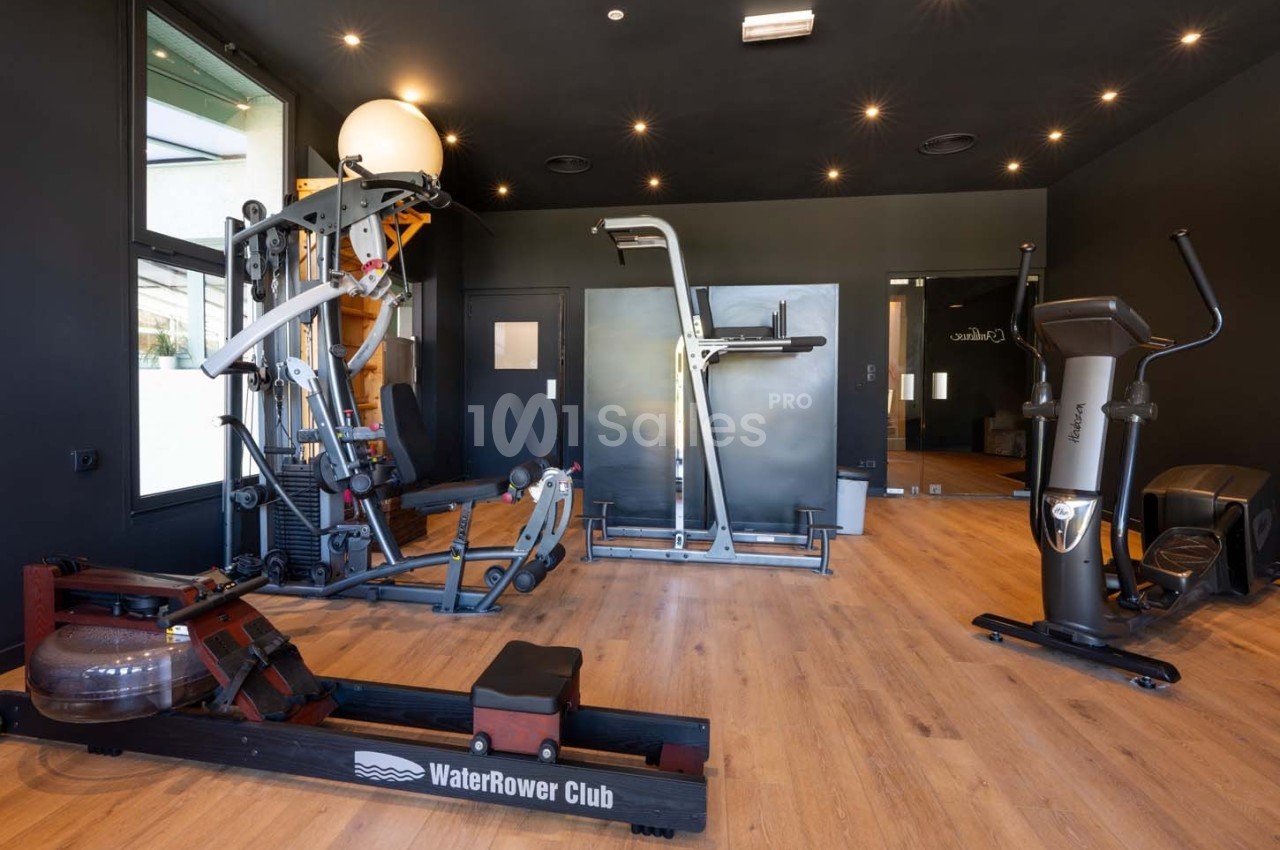 Salle de sport équipée de machines de musculation, rameur, vélo elliptique et ballon de fitness sur un sol en bois.