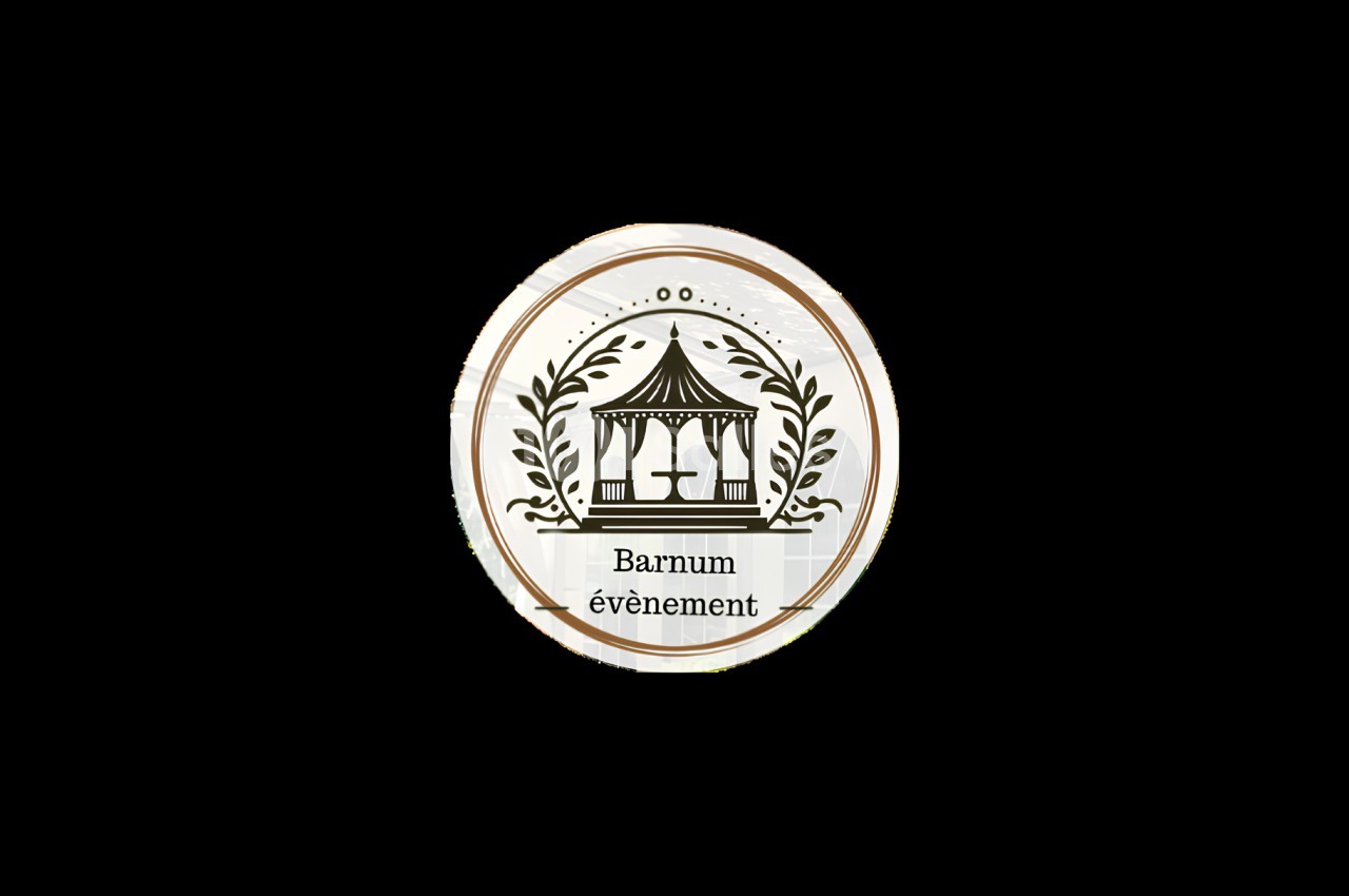Logo circulaire avec une illustration de barnum entouré de motifs végétaux et le texte ’Barnum événement’.
