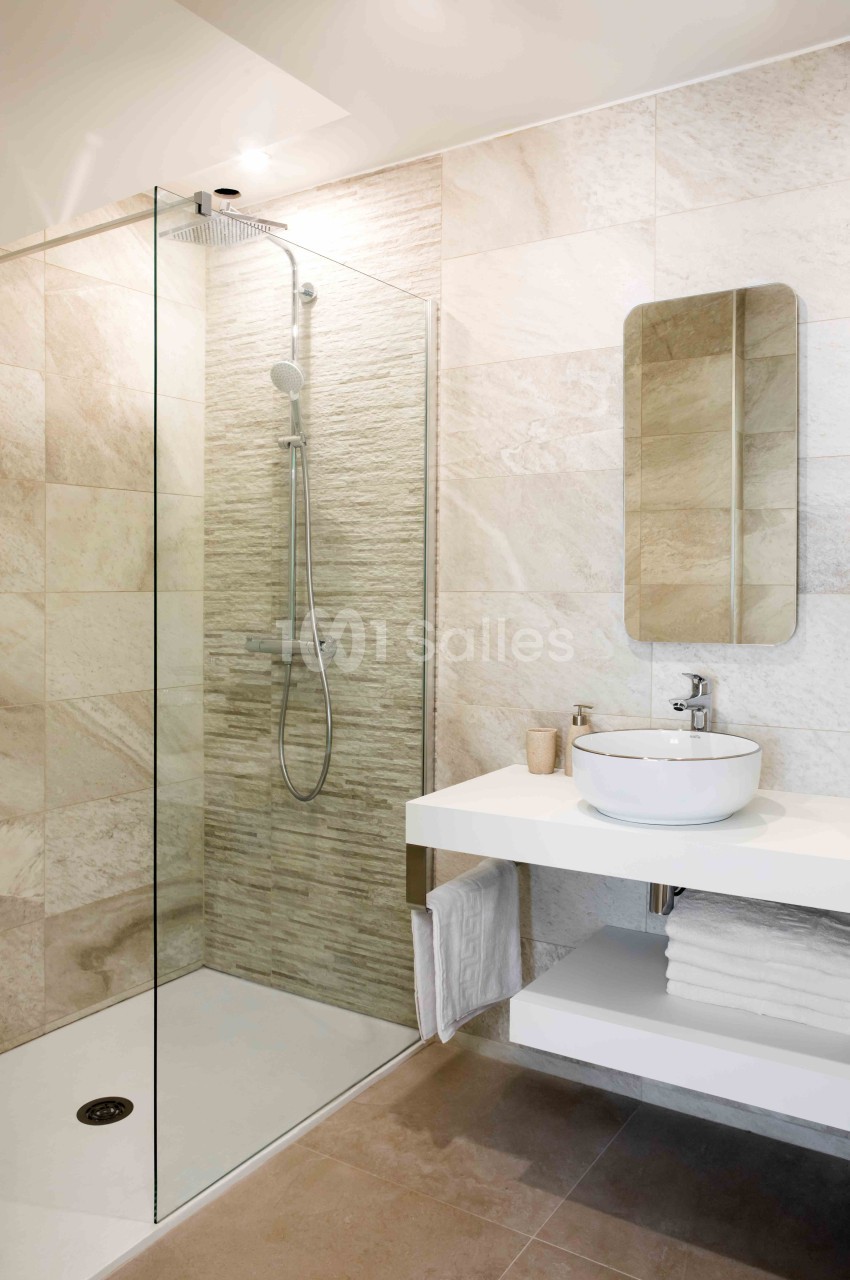 Salle de bain moderne avec douche à l'italienne, lavabo sur plan suspendu et miroir rectangulaire.
