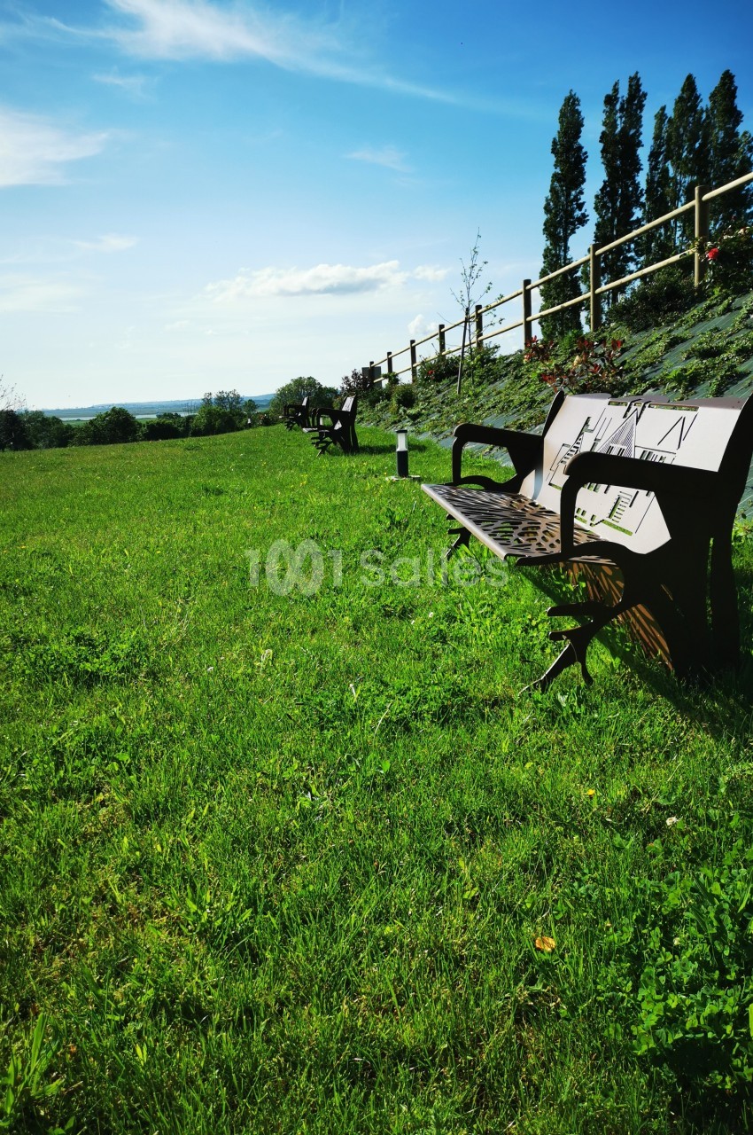 Bancs en bois alignés sur une pelouse verdoyante avec vue dégagée sur un paysage rural et ciel bleu.