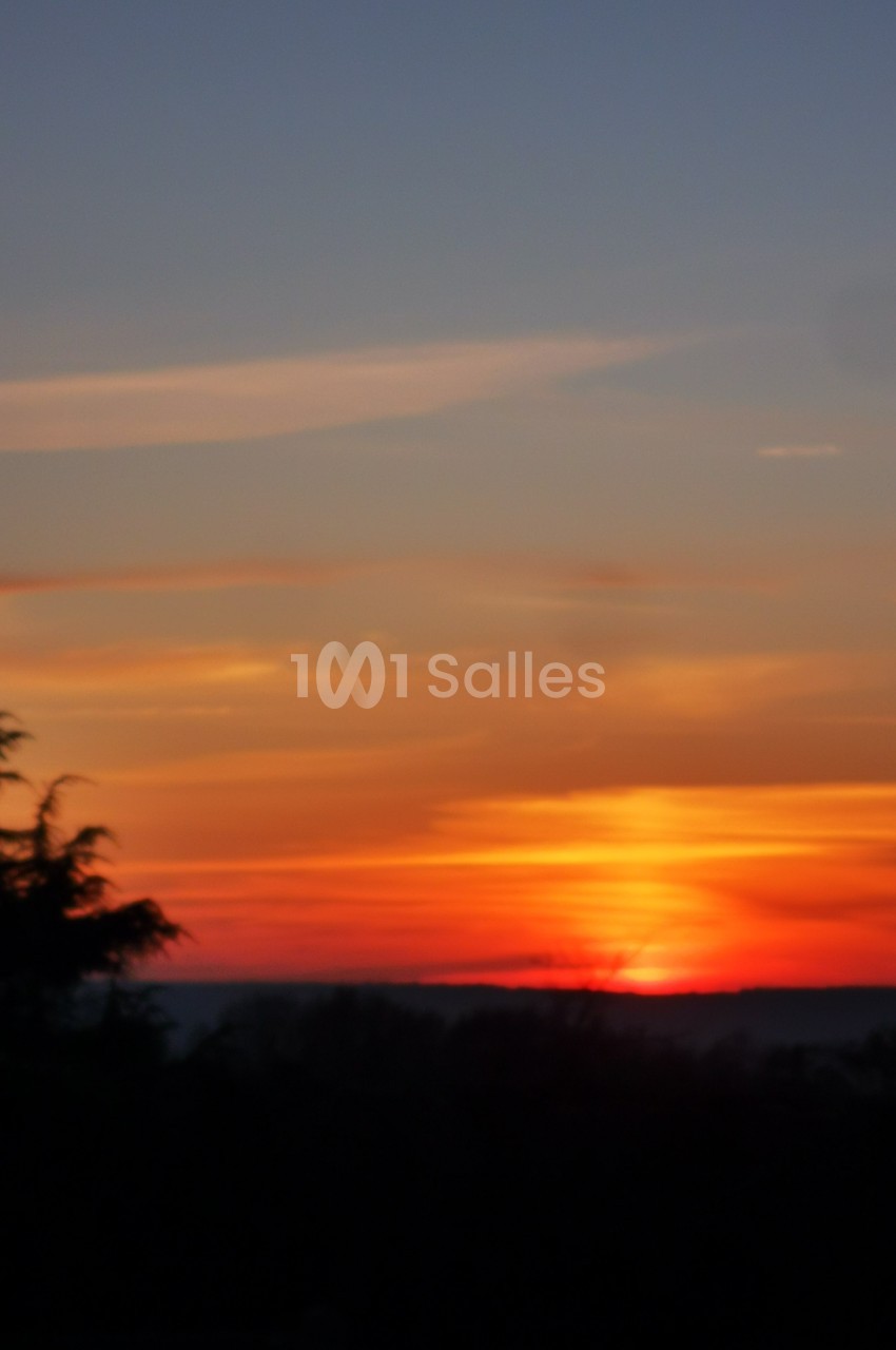 Coucher de soleil avec un ciel aux teintes orangées et rouges, des silhouettes d'arbres à l'avant-plan.