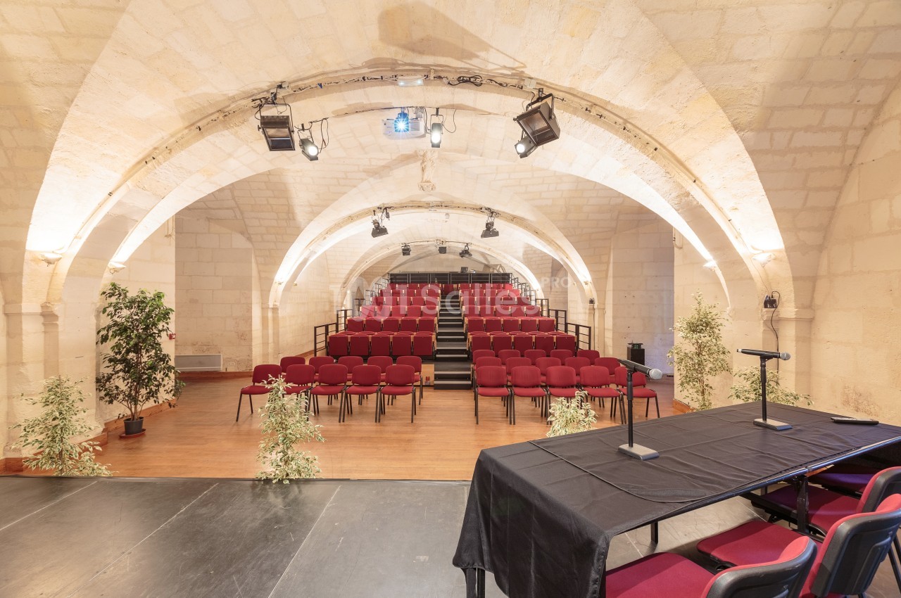 Salle voûtée en pierre avec rangées de sièges rouges, scène équipée de micros et éclairage suspendu.