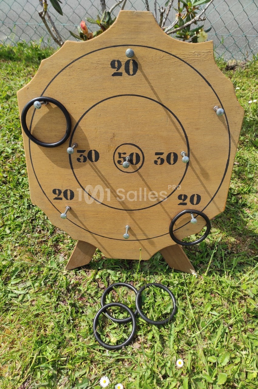 Cible en bois avec des anneaux noirs posés dessus et au sol, installée sur une pelouse.