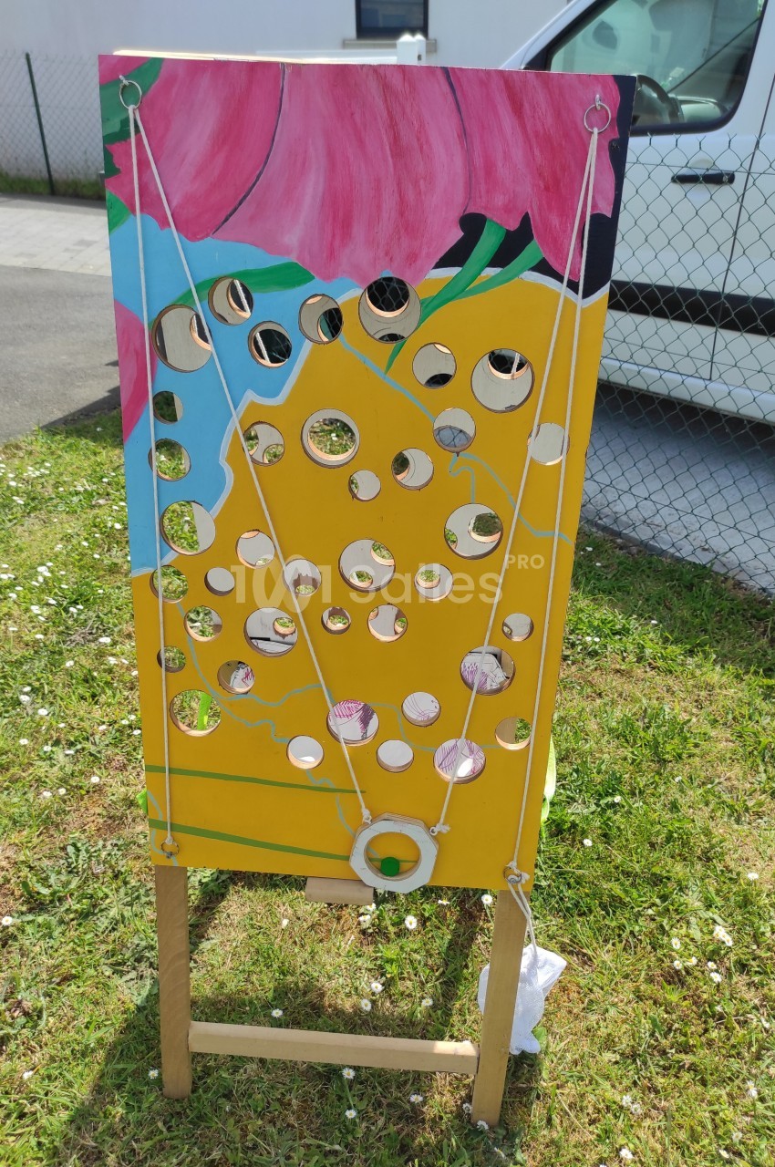 Panneau en bois coloré avec des trous de différentes tailles, utilisé pour un jeu d'adresse en extérieur.
