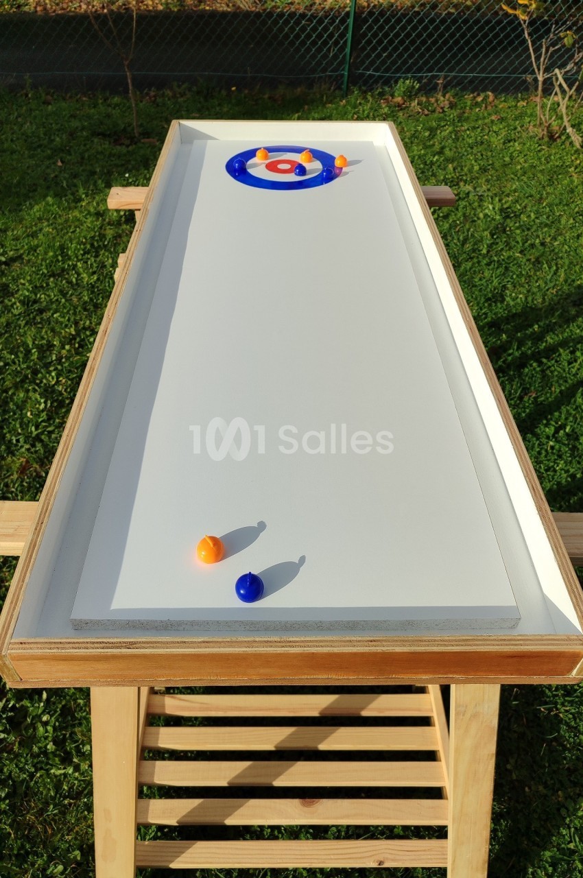 Table de jeu en bois avec surface blanche, palets colorés et cible circulaire, posée sur une pelouse.
