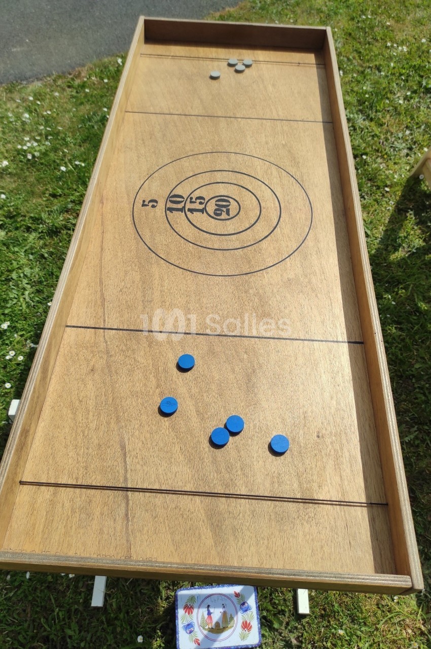 Jeu de palets en bois installé sur une pelouse, avec des palets bleus et gris dispersés sur la surface de jeu.