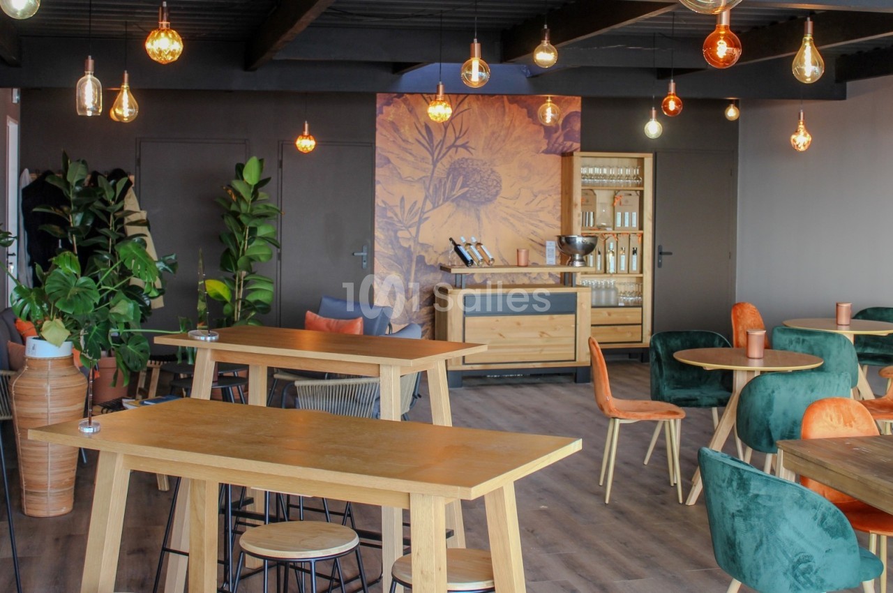 Salle lumineuse avec tables en bois, chaises colorées, plantes vertes et suspensions décoratives.