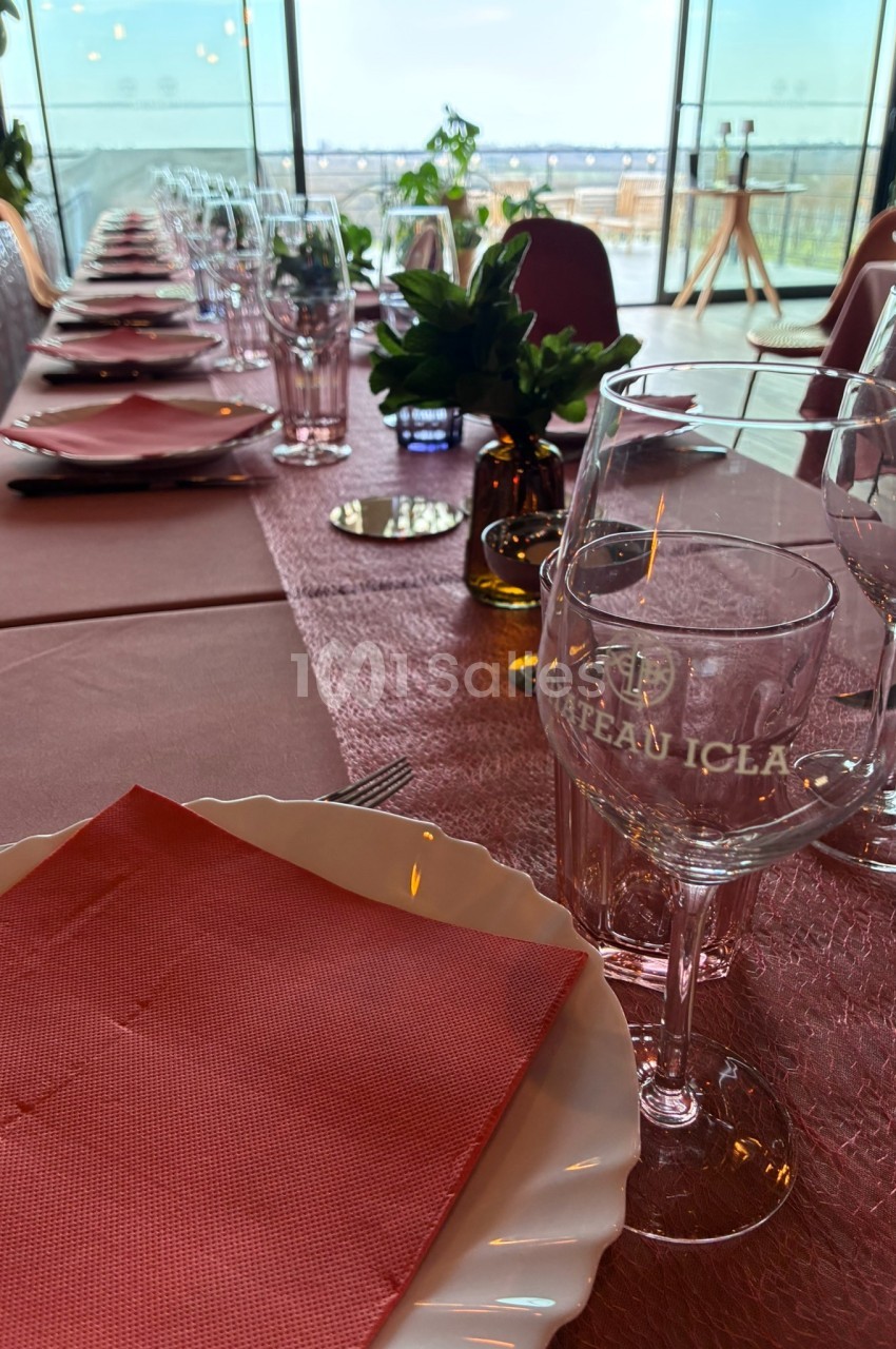 Table élégamment dressée avec nappes roses, verres, assiettes et serviettes, offrant une vue sur un paysage extérieur.