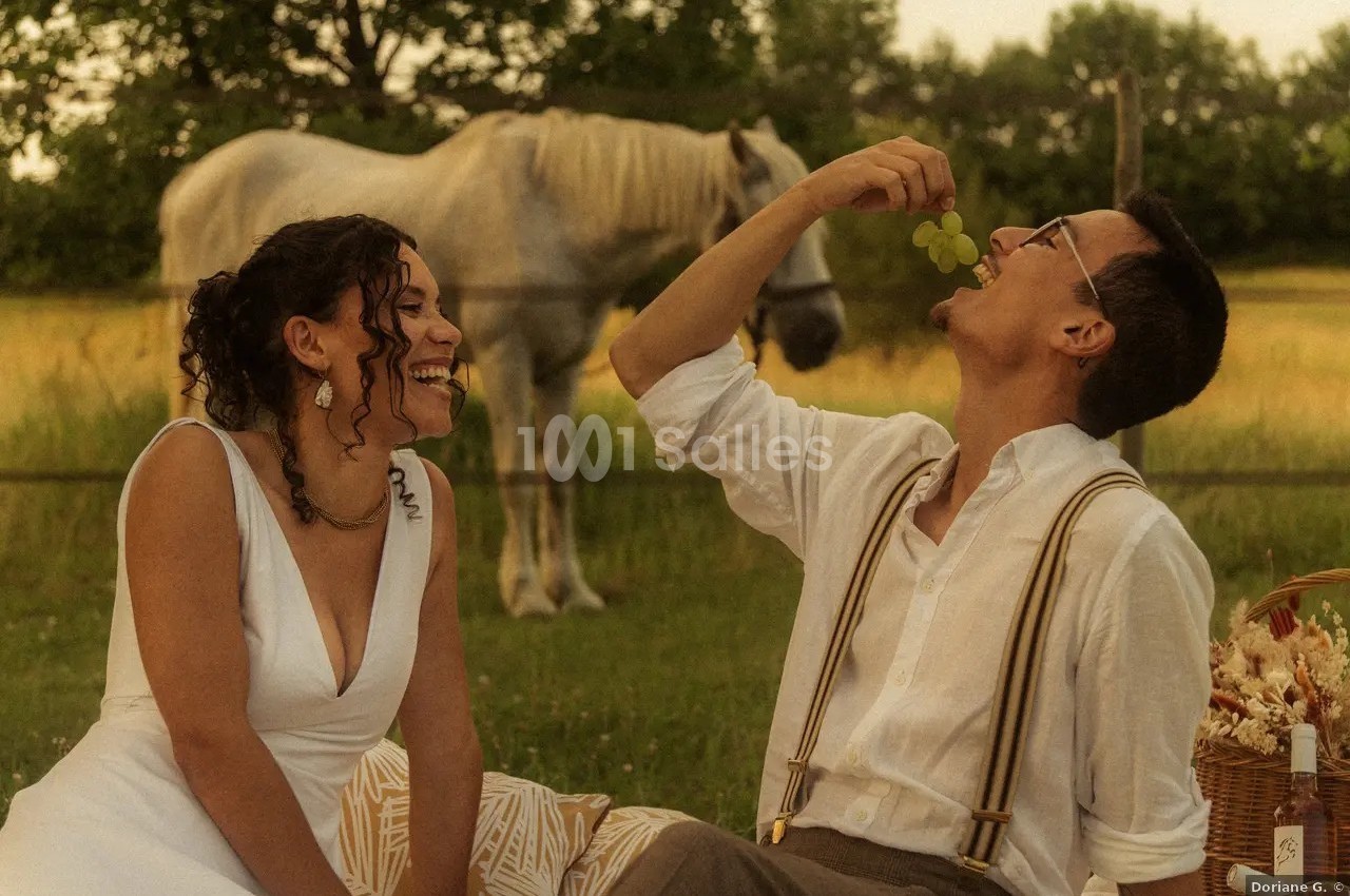 Un couple assis dans un champ partage un moment joyeux, un homme mangeant du raisin, un cheval en arrière-plan.