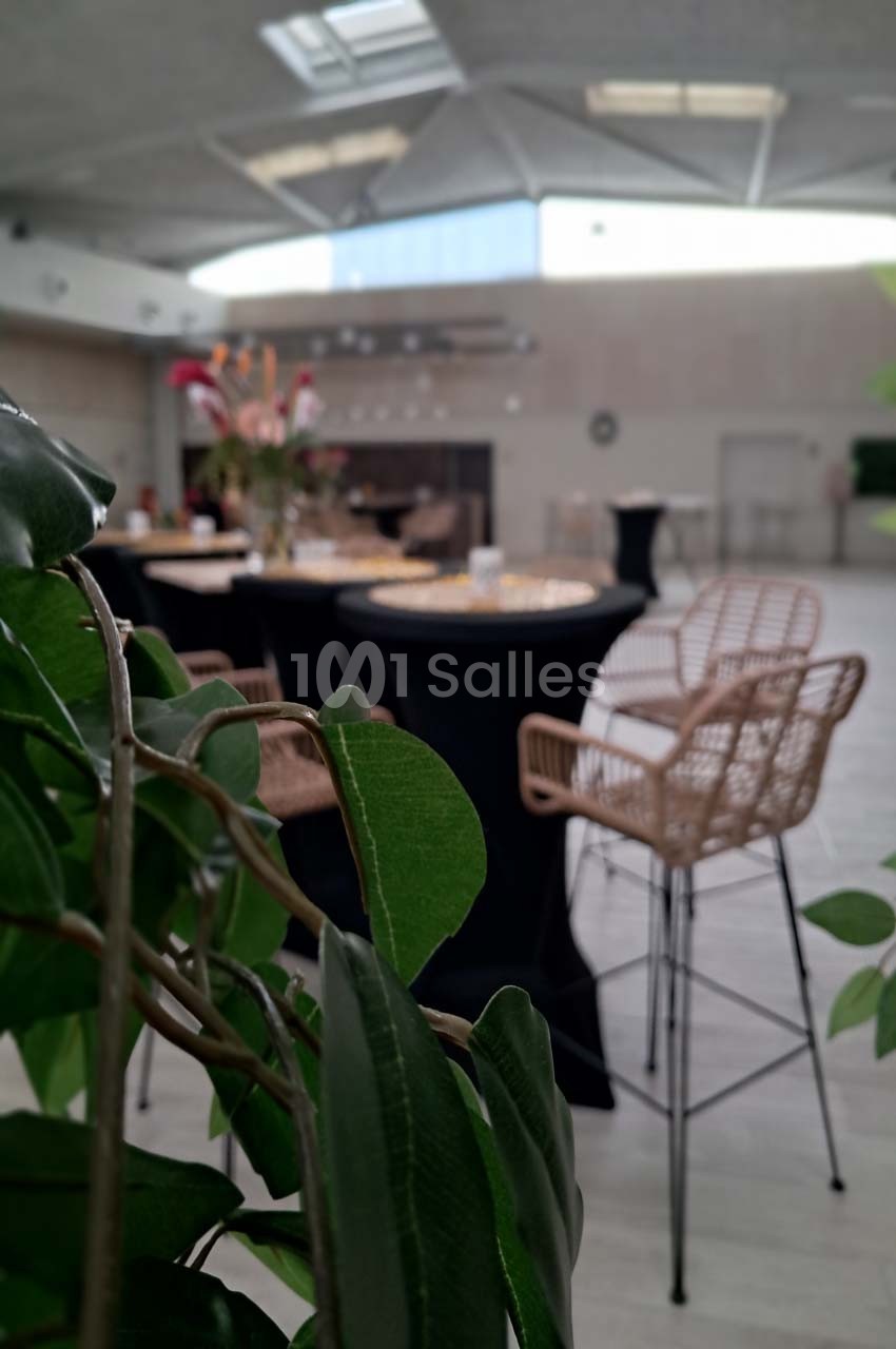 Salle lumineuse avec tables hautes dressées, chaises en rotin et plantes en premier plan.