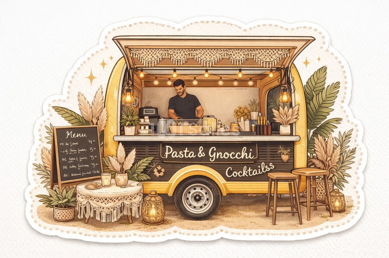 Camion-restaurant vintage servant des pâtes, gnocchis et cocktails, décoré de plantes et guirlandes lumineuses.