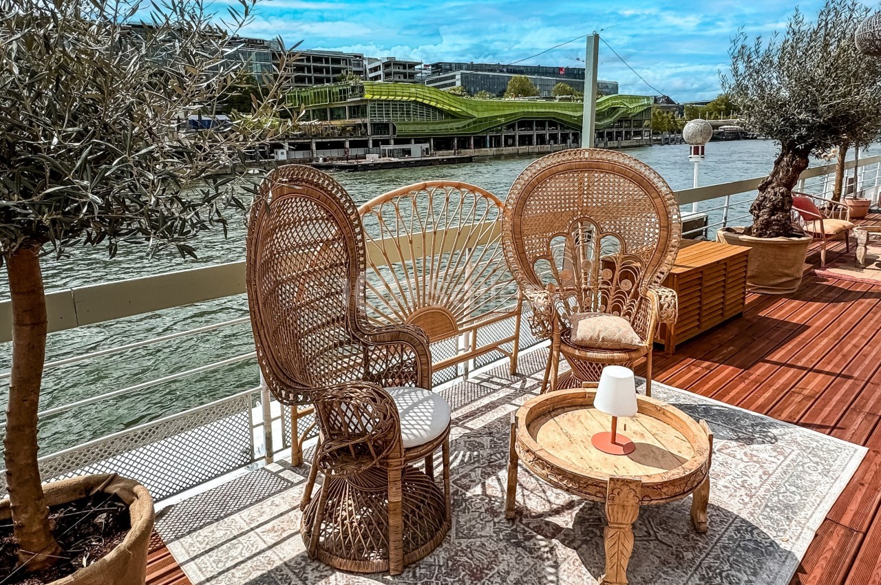 Terrasse en bois au bord de l'eau avec fauteuils en rotin, table basse, tapis et plantes en pot sous un ciel dégagé.
